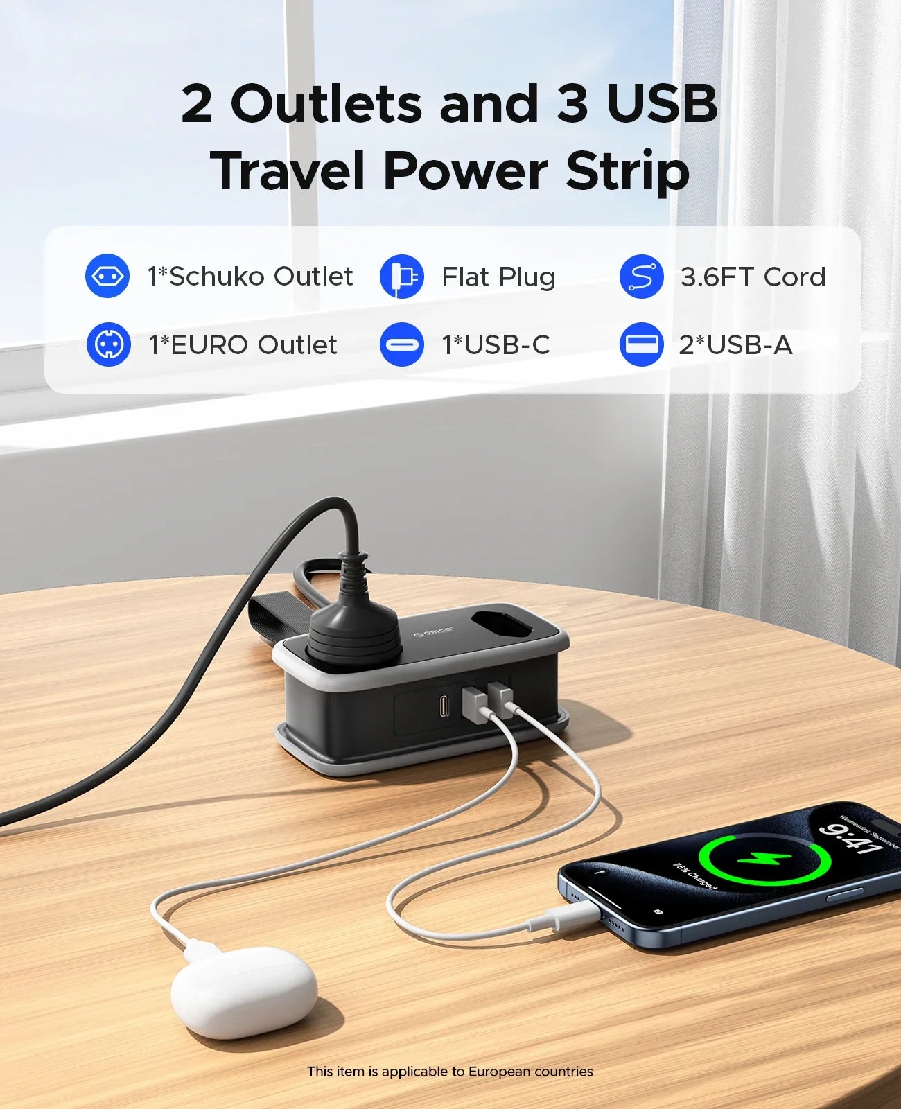 ORICO EU Plug Travel Power Strip with 3AC 3USB Port 1.1M Extension