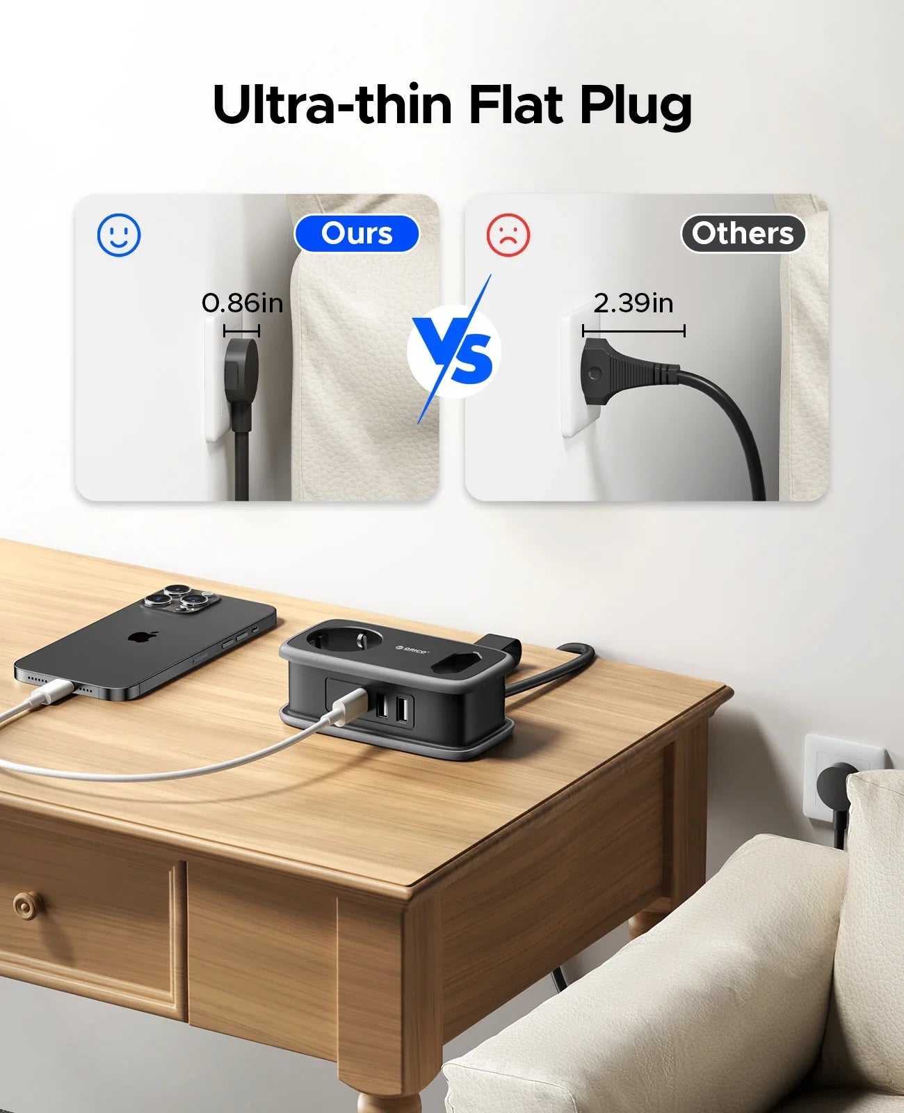 ORICO EU Plug Travel Power Strip with 3AC 3USB Port 1.1M Extension