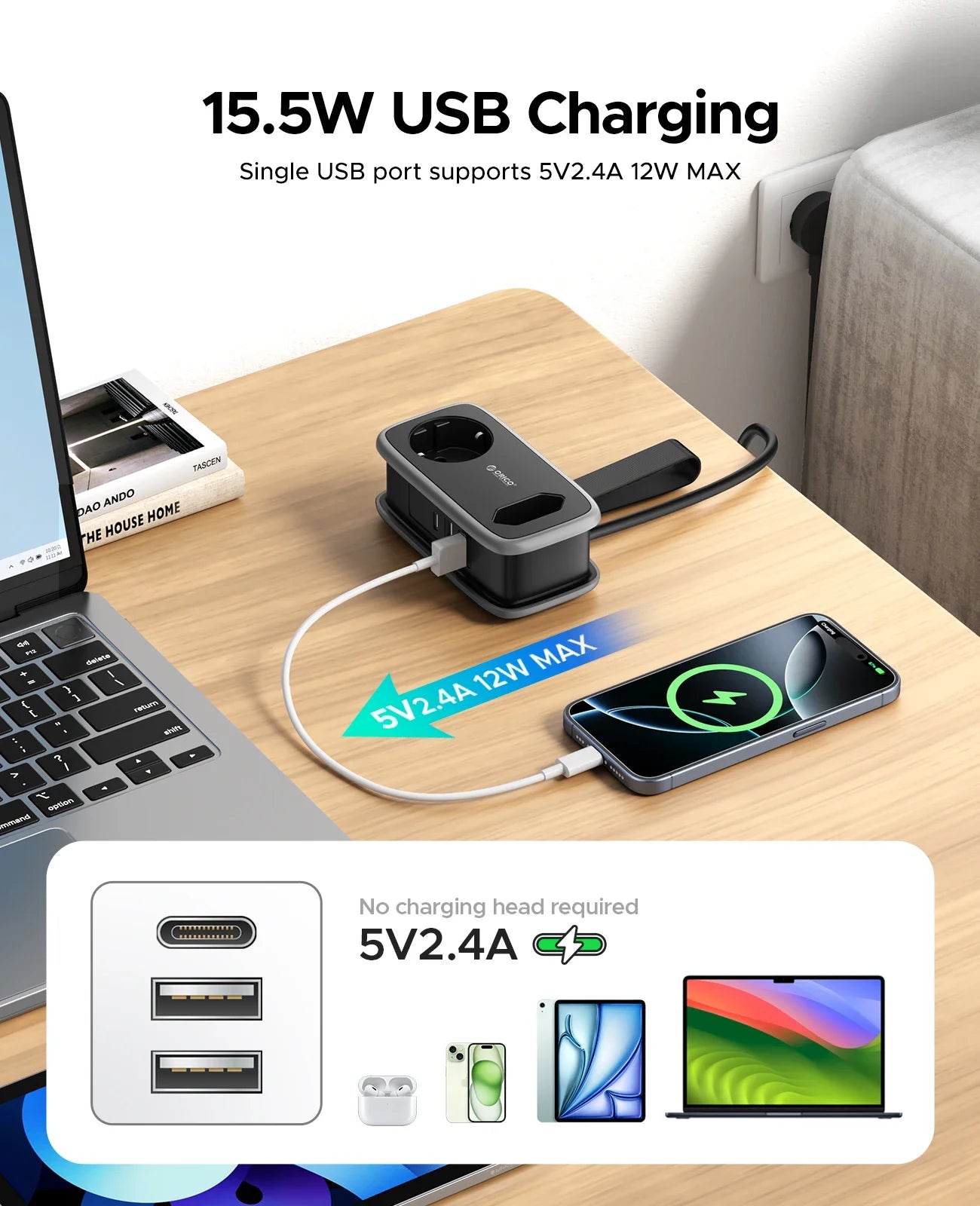 ORICO EU Plug Travel Power Strip with 3AC 3USB Port 1.1M Extension